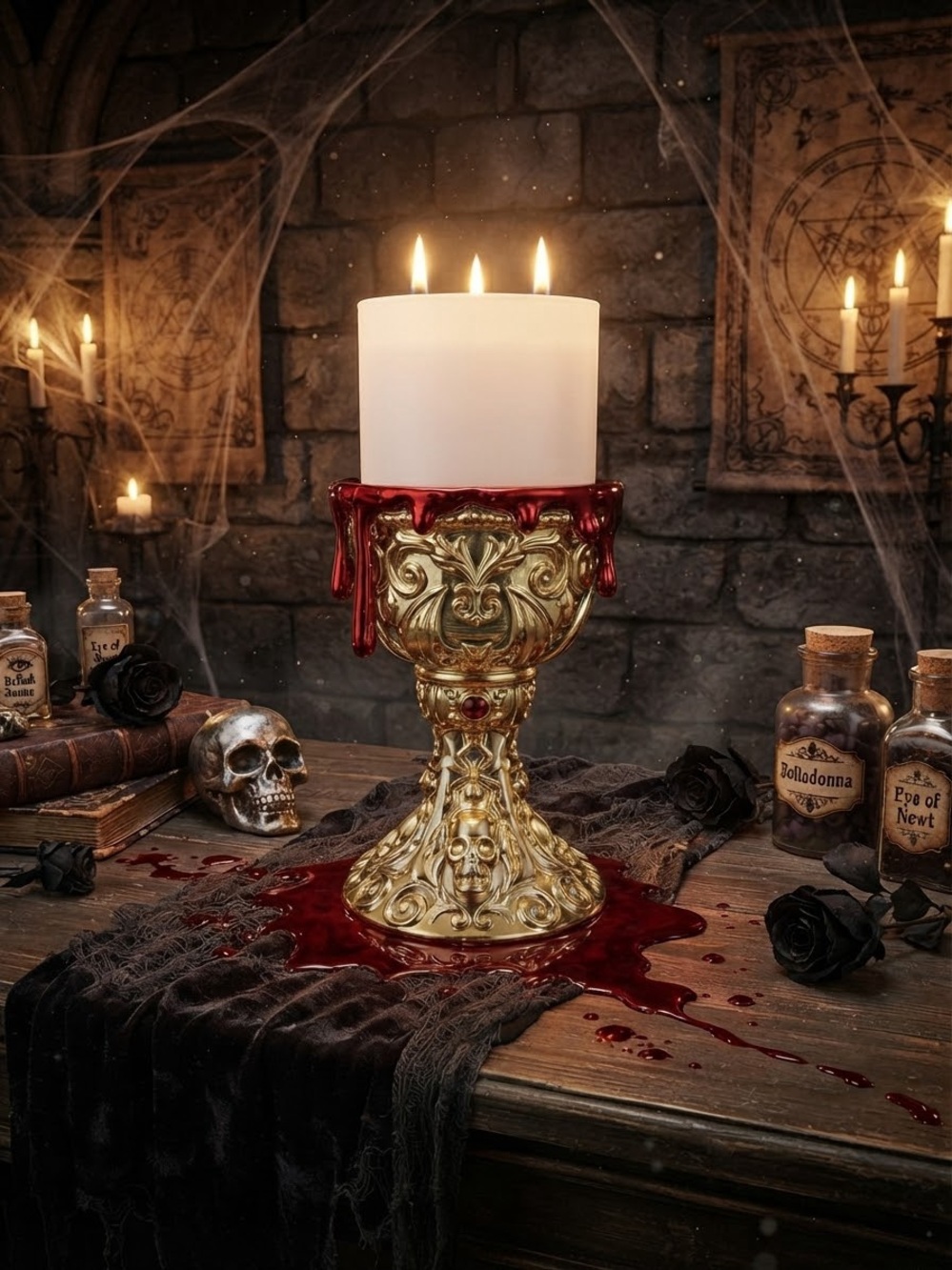 Gold Gothic Candle Holder with Red Drip Accent
